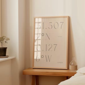 May include: A rectangular wall art print in a light wood frame featuring the geographic coordinates 51.507° N and 0.127° W printed in a large, grey, sans-serif font on a cream background, with the word LONDON printed in a smaller font at the bottom.