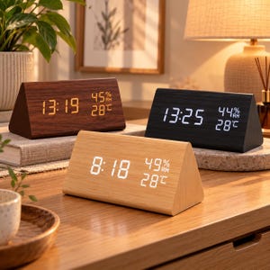 May include: Three triangular digital clocks with wood-grain finishes in dark brown, black, and light tan. Each clock features a bright LED display showing the current time, humidity percentage, and temperature in degrees Celsius.