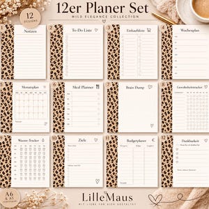 Könnte beinhalten: Ein 12-teiliges Planer-Set mit einem Leopardenmuster-Rand auf der linken Seite jeder Seite. Das Set enthält Vorlagen für Notizen, To-Do-Listen, Einkaufslisten, Wochen- und Monatspläne, Essensplanung, Brain Dump, Gewohnheitstracker, Wassertracker, Ziele, Budgetplaner und Dankbarkeit.