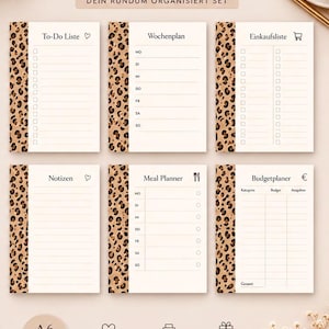 Könnte beinhalten: Ein Set aus sechs Planern mit einem Leopardenmuster-Rand auf der linken Seite. Die Blätter umfassen To-Do Liste, Wochenplan, Einkaufsliste, Notizen, Meal Planner und Budgetplaner. Der Text 6er Planer Set Wild Elegance Collection steht oben.