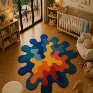 Multi-Color Organic Shape Carpet | Blue Yellow Orange Red Gradient Rug for Contemporary Spaces 3. Designer Asymmetric Floor Rug -