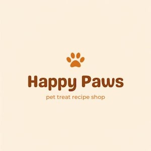 Può includere: Un logo su sfondo color crema chiaro con un'icona a forma di zampa marrone centrata sopra il testo marrone scuro Happy Paws. Sotto il testo principale, la scritta più piccola in marrone scuro recita pet treat recipe shop in un carattere sans-serif.