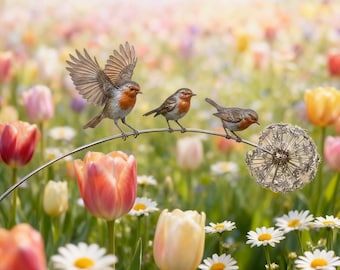 Estaca de metal con forma de petirrojo, diente de león y pájaros, ideal para la decoración primaveral del jardín. Regalo perfecto para amantes de las aves.