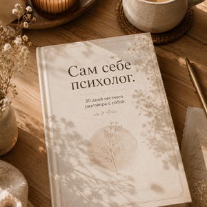 Könnte beinhalten: Ein beigefarbenes Hardcover-Buch mit dem russischen Text "Сам себе психолог. 30 дней честного разговора с собой." auf dem Einband. Das Cover zeigt eine einfache Strichzeichnung einer Blume und einen sanften, kreisförmigen Aquarellakzent in der Mitte.
