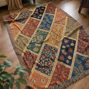 Geweven kelim deken met patchwork bloemen | Boho-tapijtdeken, franje
