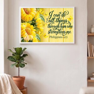 Filippenzen 4:13 Canvas Muurdecoratie Zonnebloem Bijbelvers Poster Gele Vlinder Schriftprint Christelijk Cadeau Landelijke Bloemen Woondecoratie
