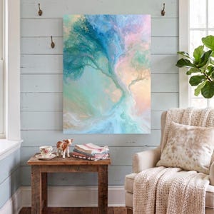 Ethereal Pastel Tree Wall Art, Abstract Fluid Canvas Painting, Dreamy Teal Pink Decor, Serene Nature Print, Above Bed Living Room Gift