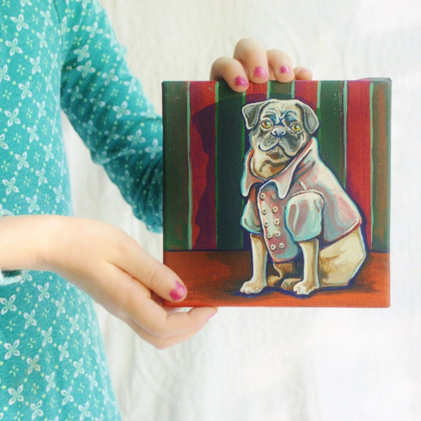 Pug in a Peacoat, tiny acrylic painting on canvas, tiny pug painting, dog art