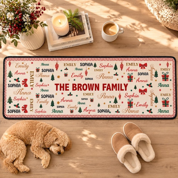 Family Name Entry Rug for Christmas, Personalized Entryway Runner, Custom Word Repeating Pattern, Housewarming Holiday Gift,Christmas Runner