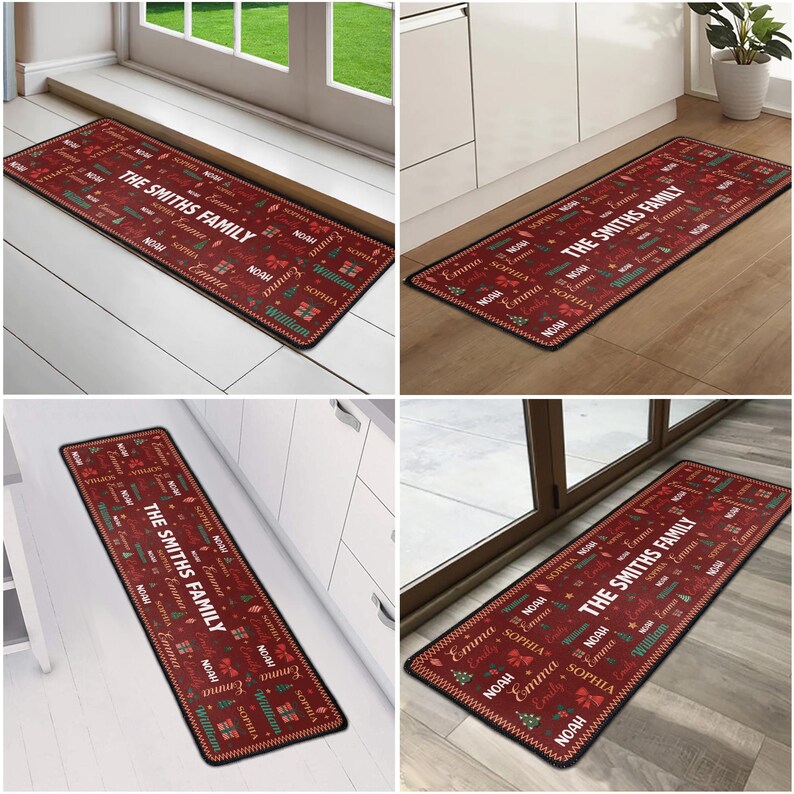 Puede incluir: Una alfombra rectangular con un fondo rojo intenso y un patr&oacute;n navide&ntilde;o repetitivo de cajas de regalo, adornos y &aacute;rboles. El texto THE SMITHS FAMILY est&aacute; impreso en blanco, rodeado de nombres como Emma, Noah, Sophia y William.