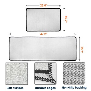 Puede incluir: Dos alfombrillas rectangulares blancas con bordes negros. La m&aacute;s peque&ntilde;a mide 60 cm por 40 cm y la m&aacute;s grande mide 120 cm por 40 cm. Cuentan con una superficie suave, bordes cosidos duraderos y una base antideslizante con textura.