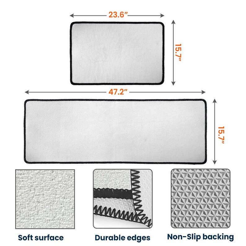 Puede incluir: Dos alfombrillas rectangulares blancas con bordes negros. La m&aacute;s peque&ntilde;a mide 60 cm por 40 cm y la m&aacute;s grande mide 120 cm por 40 cm. Cuentan con una superficie suave, bordes cosidos duraderos y una base antideslizante con textura.
