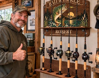Personalized Fishing Rod Holder, Custom Name 6 Rod Pole Rack, Garage Cabin Wall Storage, Fisherman Gift for Dad, Fishing Lover Gift
