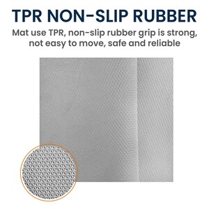 Puede incluir: Una alfombrilla de color gris claro con una superficie de goma antideslizante TPR texturizada. El texto en la parte superior dice TPR NON-SLIP RUBBER y Mat use TPR, non-slip rubber grip is strong, not easy to move, safe and reliable. Un c&iacute;rculo muestra el patr&oacute;n.
