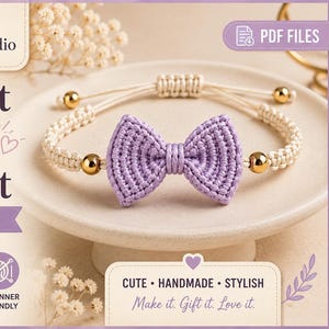 May include: A crochet bow bracelet digital pattern by NovaBlossomStudio featuring a light purple crocheted bow on a cream-colored cord with gold-toned beads. The image includes text: Crochet Bow Bracelet, Digital Pattern, PDF Files, Instant Download.