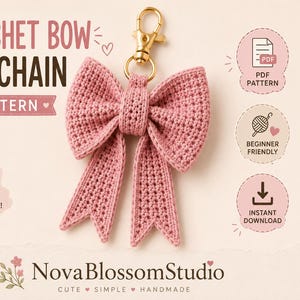 Crochet Bow Keychain Pattern – Beginner-Friendly with Ribbon Tails & V-Cut Ends | PDF Instant Download