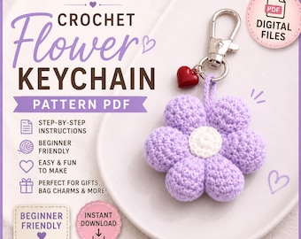 Mönster för virkade blommor i PDF-format | Amigurumi-prästkrage-nyckelring utan syning | Berlock med puffiga blommor i väska | Handledning för nybörjare | Direkt nedladdning