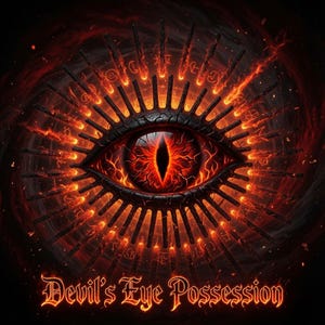 May include: A graphic illustration featuring a central, glowing red eye with a vertical pupil, surrounded by a dark, spiked circular frame. The entire design is engulfed in vibrant orange and red flames, with the text Devil's Eye Possession.