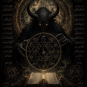 May include: A dark, horned figure with glowing eyes looms over a central circular emblem featuring a six-pointed star and Arabic script. Below, an open book rests on a surface, surrounded by intricate geometric patterns and columns of Arabic text.