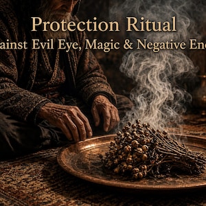 Könnte beinhalten: Ein Kupferschale enthält ein Bündel getrockneter Kräuter und Beeren, das weißen Rauch abgibt. Der Text Protection Ritual Against Evil Eye, Magic & Negative Energy steht darüber. Eine Person in einem gemusterten Gewand sitzt mit einer Kerze daneben.