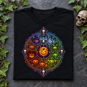 May include: A black t-shirt featuring a colorful circular calendar graphic. The design displays twelve segments representing months, each with a pumpkin illustration, surrounding a central glowing jack-o'-lantern and a witch silhouette.