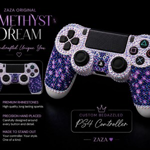 May include: A PS4 controller covered in purple, blue, and clear rhinestones. The text reads ZAZA ORIGINAL AMETHYST DREAM, Handcrafted. Unique. You., PREMIUM RHINESTONES, PRECISION HAND PLACED, MADE TO STAND OUT, CUSTOM BEDAZZLED PS4 Controller, ZAZA.