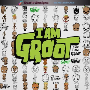 Può includere: Una collezione digitale di numerose illustrazioni di personaggi che raffigurano la creatura arborea Groot in varie pose e stili, inclusi disegni al tratto in bianco e nero e versioni a colori, con il grande testo verde I AM GROOT al centro.