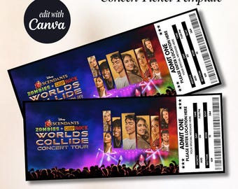Printable Descendants Zombies 2026 Worlds Collide Tour Concert Show Pass Surprise Gift Reveal Canva Editable Personalized Download