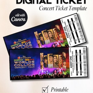 May include: Two digital concert ticket templates for the Disney Descendants, Zombies, and Camp Rock Worlds Collide tour. The tickets feature a dark blue background with stage lights, portraits of the cast, and fields for event details.