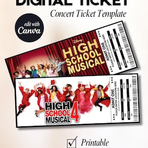 May include: Two rectangular digital concert ticket templates for High School Musical. The top ticket features a red curtain background and the movie title. The bottom ticket shows characters in graduation attire with the text High School Musical 4.
