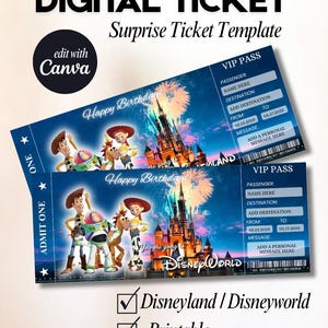Puede incluir: Una plantilla de boleto digital con los personajes de Toy Story Woody, Buzz Lightyear, Jessie y Bullseye frente a un castillo con fuegos artificiales. El boleto incluye campos para el nombre del pasajero, destino, fechas y mensaje.