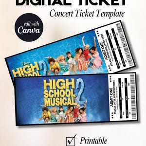Puede incluir: Dos plantillas de entradas de concierto digitales de High School Musical 2 con fondo de piscina azul, logo de Disney y campos personalizables para fecha, hora, sección, fila y asiento. Incluye texto: DIGITAL TICKET, edit with Canva, Printable, Instant Download.