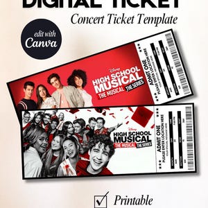 Puede incluir: Dos plantillas de entradas de concierto digitales para High School Musical: The Musical: The Series. Las entradas incluyen fotos del reparto, esquemas de color rojo y blanco, y espacios para detalles del evento como fecha, hora y asiento.