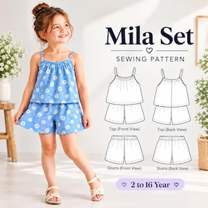 May include: A sewing pattern for the Mila Set, featuring a blue tank top and shorts with a white daisy print. The image displays a child wearing the set alongside technical line drawings showing front and back views of the top and shorts, with text indicating a 2 to 16 year size range.