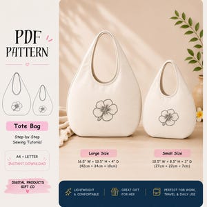 May include: A PDF sewing pattern for a tote bag featuring a hibiscus flower graphic. The large bag measures 16.5 inches wide by 13.5 inches high by 4 inches deep, and the small bag measures 10.5 inches wide by 8.5 inches high by 3 inches deep.