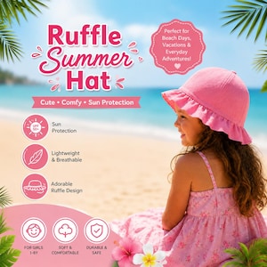 Mönster för sommarhatt med volang i PDF-format, söt hinkhatt gör-det-själv, handledning för solhatt i kokettstil, enkel nybörjarsömnad, direktnedladdning A4