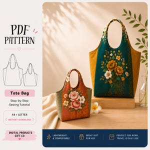 Puede incluir: Un patrón en PDF para un bolso tote con un tutorial de costura paso a paso. La imagen muestra dos bolsos: uno en verde oscuro con detalles florales amarillos y otro en naranja óxido con detalles florales rosas, ambos con asas redondeadas.