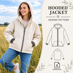 May include: A sewing pattern for a hooded jacket featuring a beige zip-up jacket with a patterned inner lining, dark grey cuffs, and a front zipper. The digital file includes technical line drawings of the front and back views of the jacket.