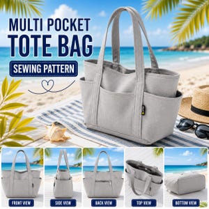 May include: A light grey multi-pocket tote bag sewing pattern. The main image shows the bag with two handles and exterior pockets. Smaller images display the front, side, back, top, and bottom views of the bag, illustrating its construction.