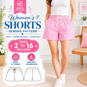 Könnte beinhalten: Ein digitales PDF-Schnittmuster für Shorts mit dem Text Women's SHORTS SEWING PATTERN, SIZES 2 TO 16 INCLUDED, PRINT AT HOME und INSTANT DOWNLOAD. Das Bild zeigt eine rosa Shorts mit weißen vertikalen Streifen und einem Kordelzug.