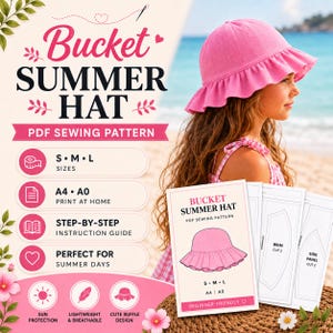 May include: A PDF sewing pattern for a pink bucket summer hat with a ruffled brim. The document includes instructions for sizes S, M, and L, printable on A4 or A0 paper, featuring diagrams for the brim and side panel pieces for a beginner project.