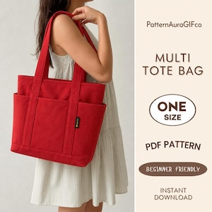 Puede incluir: Un bolso tote de lona rojo brillante con dos asas resistentes y varios bolsillos exteriores. El texto a la derecha dice PatternAuraGIFco, MULTI TOTE BAG, ONE SIZE, PDF PATTERN, BEGINNER FRIENDLY e INSTANT DOWNLOAD.