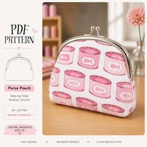May include: A white coin purse with a silver metal kiss-lock frame, featuring a repeating pink pattern of canned fish with fish bone graphics. The left side displays text including PDF PATTERN, Purse Pouch, Step-by-Step Sewing Tutorial.