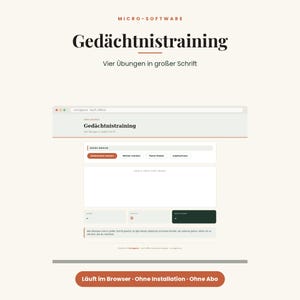 Op de afbeelding: Een digitale interface voor geheugentrainingssoftware genaamd Gedächtnistraining, met vier oefenopties waaronder het onthouden van getallen en woorden, weergegeven in een groot lettertype in een browservenster met een lichte lay-out.