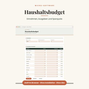 Op de afbeelding: Een digitaal huishoudbudget spreadsheet sjabloon getiteld Haushaltsbudget met secties voor inkomsten, uitgaven en spaarquote. De interface toont categorieën zoals huur, nutsvoorzieningen en voedsel met invoervelden voor geplande en werkelijke kosten in euro's.