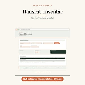 May include: A digital software interface titled Hausrat-Inventar for household inventory tracking. The screen displays input fields for item details, room, and value, alongside a summary table for total assets, all presented in a clean, browser-based layout.