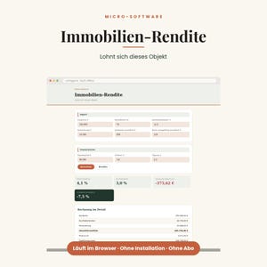 以下が含まれることがあります： Immobilien-Renditeと題された不動産投資分析用のデジタルインターフェース。画面には、物件コスト、融資詳細、計算された収益率の入力フィールドが表示されており、パーセンテージと-375,62 €のマイナスのキャッシュフローが含まれています。