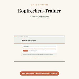 Könnte beinhalten: Eine digitale Benutzeroberfläche für den Kopfrechen-Trainer mit Einstellungen für Addition, Zahlenraum bis 20 und 20 Aufgaben. Der Bildschirm zeigt Optionen zum Ausdrucken von Arbeitsblättern sowie einen Hinweis auf Urkunden für Kinder.