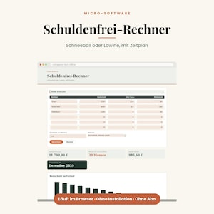 Op de afbeelding: Een digitale schuldcalculator-interface genaamd Schuldenfrei-Rechner, met invoervelden voor schuldeisers, restschuld, rentepercentages en minimale betalingen. Het toont berekende resultaten zoals totale schuld, looptijd en een staafdiagram.