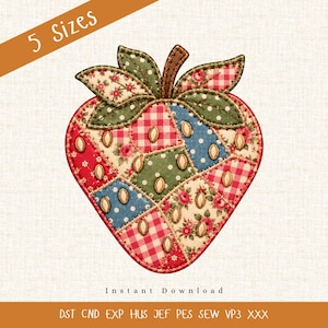 Può includere: Un ricamo a forma di fragola con un motivo patchwork di tessuti rossi, verdi e blu con stampe floreali, a quadretti e a pois. Il design include un gambo marrone, foglie verdi e semi dorati. Testo: 5 Sizes, Instant Download, DST CND EXP HUS JEF PES SEW VP3 XXX.